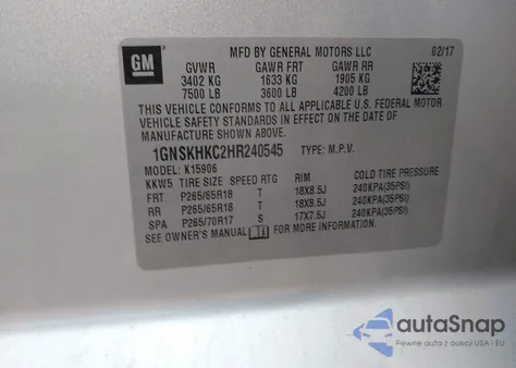 2017 Chevrolet Suburban Lt z USA, uszkodzony, nr VIN 1GNSKHKC2HR240545